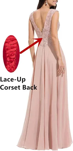 Vista 2 de Chiffon Bridesmaid Dresses V Neck Lace Appliques A Line Chiffon Long Formal Gowns with Slit