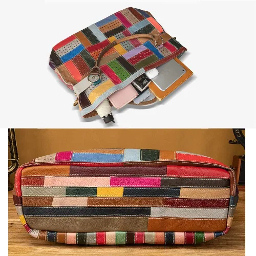 Vista 7 de Bolso de mano de cuero genuino para mujer multicolor con retazos huecos bolsos de mano
