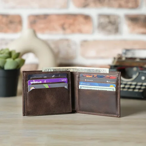 Vista 6 de Customizable Genuine Leather Bifold Wallet, Minimalist Custom Mens Card Holder Wallet (Dark Brown)