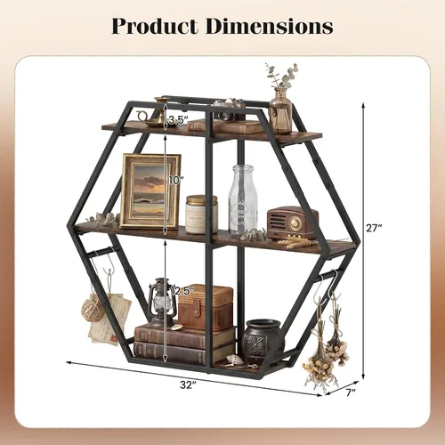 Vista 3 de Tangkula Hexagon Wall Shelf, 3-Tier Geometric Bookcase with 4 S-Shaped Hooks & Heavy Duty Metal Frame, Wall Mounted Industrial Display Storage Rack