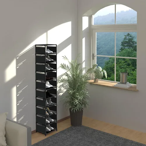 Vista 9 de Zapatero vertical estrecho y alto para entrada de puerta frontal, organizador de zapatos de metal resistente de 10 niveles para armario y entrada