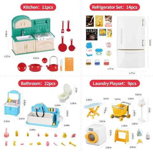 Vista 6 de TAKIHON Muebles para Casa de Muñecas, Juego de Juguetes de Cocina y Baño, Juego de Refrigerador y Lavadora para Niños, Accesorios en Miniatura