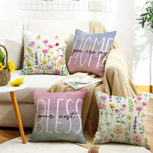 Vista 4 de wyooxoo Juego de 4 fundas de almohada de primavera de 18 x 18 pulgadas, fundas de almohada decorativas para sofá, sala de estar, decoración