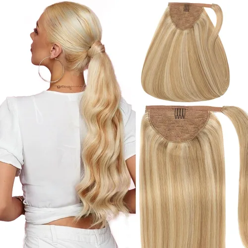 Vista 10 de Caliee Extensión de cabello humano de 14 pulgadas de largo, con reflejos P12/60A, color marrón dorado con rubio platino, extensión de cabello 100%