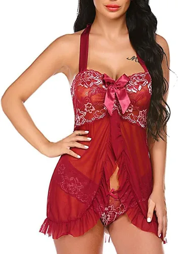 Vista 5 de Babydoll - Lencería para mujer, luna de miel, cuello en V, sexy, exótico, parte delantera abierta, con lazo, con volantes, camisón de novia