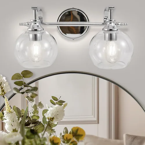 Vista 9 de ANDY STAR Lámparas de baño de níquel cepillado, luces de tocador de 1 luz, apliques modernos de pared de baño con pantalla de vidrio transparente
