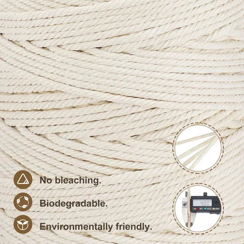 Vista 3 de Cordón de macramé de 0.157 in x 328 yardas Cuerda de macramé 100% algodón natural Cuerda de algodón trenzado de 4 hebras para manualidades, Beige