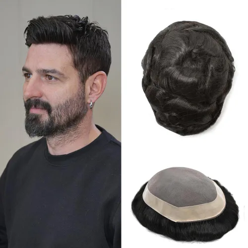 Vista 21 de Fine Mono Men Hair System Mens Toupee Real Human Hair Pieces For Men's Toupee Hair System For Men Hair Piece Natural Hairline 6X8 densidad de luz