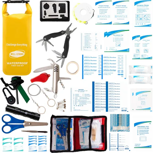 Vista 11 de Kit de primeros auxilios para lancha con herramientas de supervivencia, 123 piezas impermeables de emergencia con hebillas, accesorios compactos