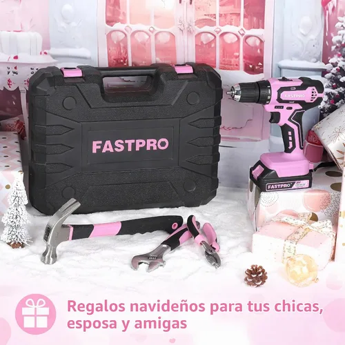 Vista 2 de FASTPRO Juego de herramientas para el hogar y taladro de iones de litio inalámbrico de 177 piezas de 20 V rosa con taladro en estuche