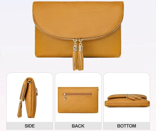 Vista 3 de Solene Bolso de mano para mujer, con múltiples compartimentos, 6 ranuras para tarjetas en el interior, bolsa cruzada con borlas