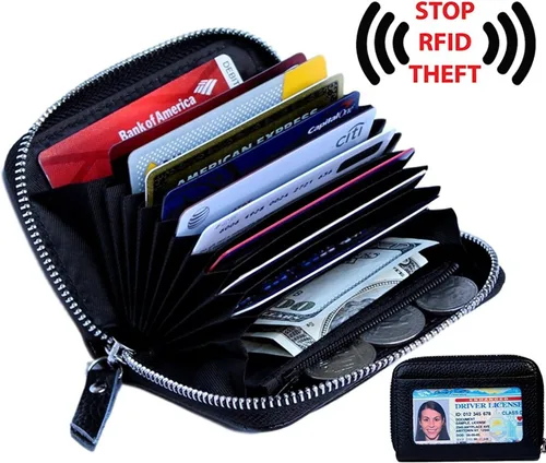 Vista 2 de Women's Leather RFID Zipper Card Wallet Small Purse with Id Window