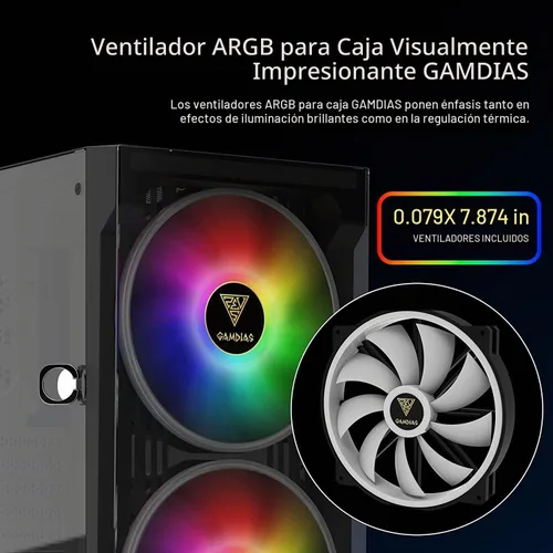 Vista 4 de GAMDIAS ATX Mid Tower - Carcasa para computadora de videojuegos para computadoras de escritorio y PC, 2 ventiladores ARGB LED de 7.874 in