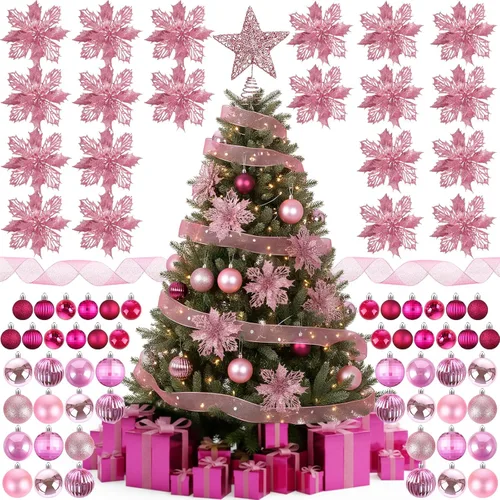Vista 10 de Skylety Juego de 104 piezas de decoraciones para árbol de Navidad, adorno colgante azul de Navidad, bolas para árbol, estrella para la punta, flor
