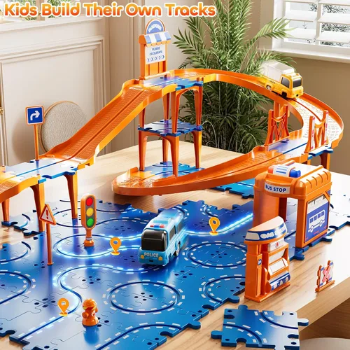 Vista 5 de Puzzle Racer - Juego de pistas de autos para niños, pistas de carreras de 4 niveles para niños de 3 a 5 años con 3 autos, piezas de tráfico