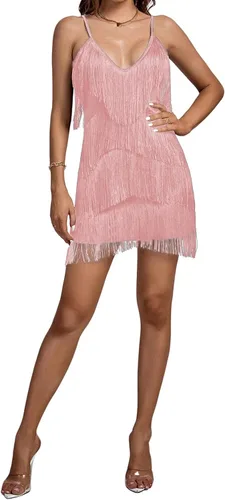 Vista 6 de Umenlele Minivestido sin mangas con flecos en capas y cuello en V profundo para mujer