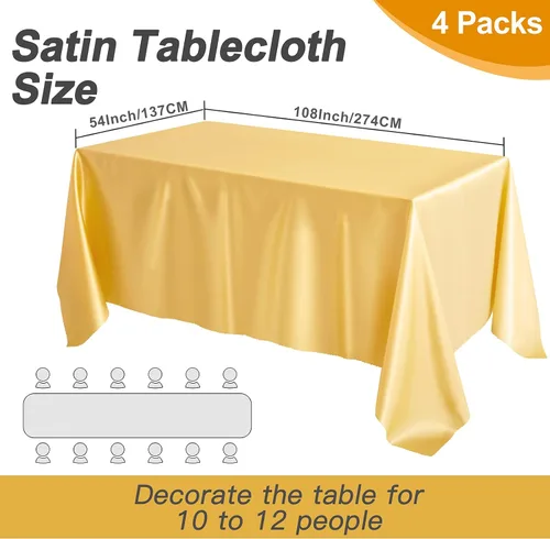 Vista 2 de SiinvdaBZX Paquete de 4 manteles de satén dorado de 108 x 54 pulgadas, manteles de comedor suaves y brillantes para mesa rectangular de 6 pies