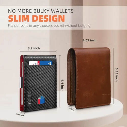 Vista 11 de RUNBOX - Carteras delgadas para hombre, cartera de piel con pinza para el dinero, cartera de bolsillo frontal con bloqueo RFID, tarjetero