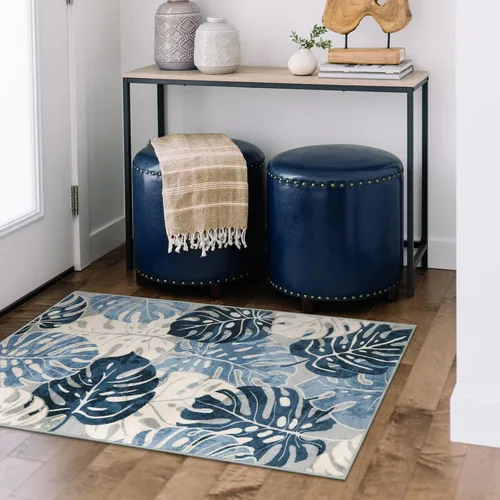 Vista 5 de Wonnitar Leaf - Alfombra de cocina de 2x3 pies, alfombra azul pequeña para baño, alfombra decorativa lavable para mesita de noche, planta