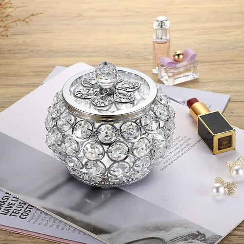 Vista 2 de Hipiwe Joyero de cristal con tapa de cristal, organizador pequeño de baratijas, caja de tesoro con espejo, soporte para anillos, aretes, collar