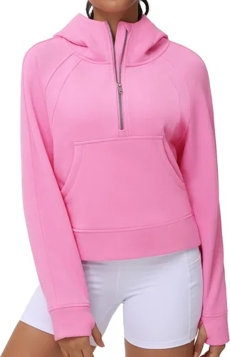 Vista 9 de THE GYM PEOPLE Sudaderas con capucha para mujer, media cremallera, manga larga, forro polar, con bolsillos, agujero para el pulgar