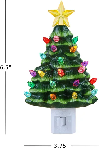 Vista 3 de Mr. Christmas Árbol de Navidad nostálgico de cerámica LED enchufable luz nocturna, verde, 1 paquete
