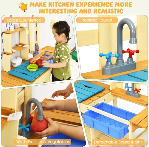 Vista 2 de HONEY JOY Juego de cocina de barro para niños, para interiores y exteriores, juguete de simulación de madera con fregadero extraíble, grifo