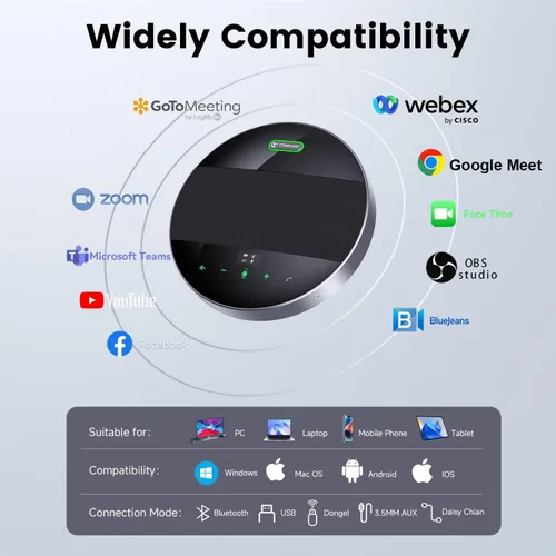 Vista 9 de TONGVEO Altavoz y micrófono de conferencia 2 en 1, altavoz inalámbrico Bluetooth Daisy Chain con micrófonos omnidireccionales de 360° conexión