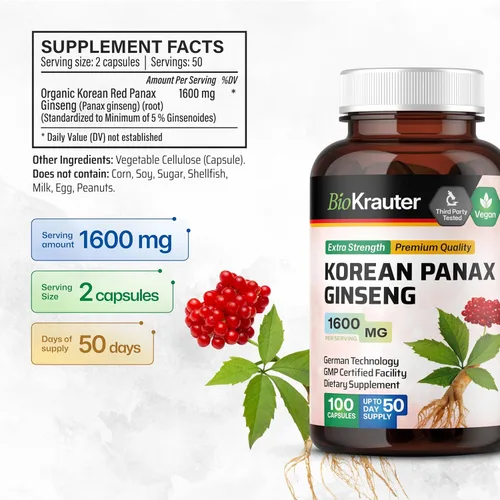 Vista 3 de BIO KRAUTER® Suplemento de ginseng para energía, concentración, rendimiento y apoyo inmunológico, ginseng rojo coreano vegano puro, 1600 mg por