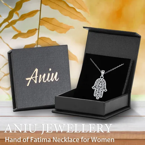 Vista 31 de Aniu Joyería de plata de ley 925 Hamsa de Fátima para mujer con circonita cúbica, viene con caja de regalo negra