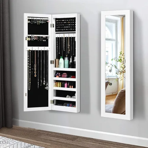 Vista 4 de Byroce Jewelry Armoire - Armario de pared para puerta, organizador de joyas con cerradura con espejo de longitud completa y 12 luces LED, armarios