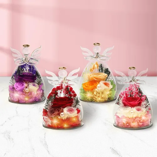 Vista 4 de Regalos para mujeres, rosa preservada, flor para siempre, champán en cristal, figura de ángel, flores frescas para entrega, regalo de cumpleaños
