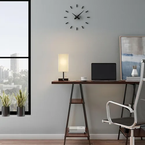 Vista 6 de Lavish Home Juego de lámpara de mesa pequeña con base de madera, juego de 2 luces rectangulares modernas con bombilla LED que incluye decoración