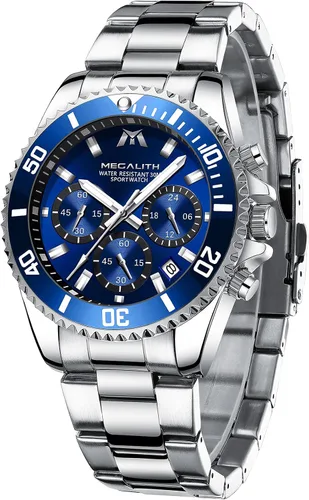 Vista 13 de MEGALITH Relojes para hombre, de acero inoxidable, resistente al agua, analógico, de cuarzo, moderno, de negocios, cronógrafo, con fecha automática