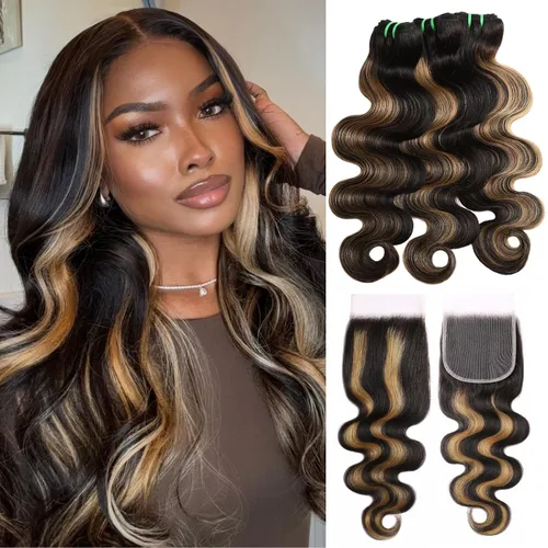 Vista 13 de Paquetes de Cabello Humano 13A Doble Extraído FB/27 Ondas del Cuerpo Color Rubio con Mechas, Rubio Miel con Negro Paquete Individual Cabello Humano