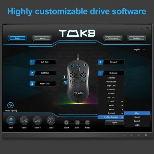 Vista 7 de TMKB Falcon M1SE - Mouse ultraligero para juegos de panal, sensor óptico de alta precisión de 12800 DPI, 6 botones programables, RGB personalizable