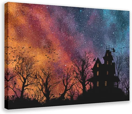 Vista 10 de JDBeehpy Spooky Halloween Cemetery Scene Wall Art Jack - O' - Lanterns Poster Mysterious Night Sky Frame Canvas Print PaintingCreepy Decor Mural