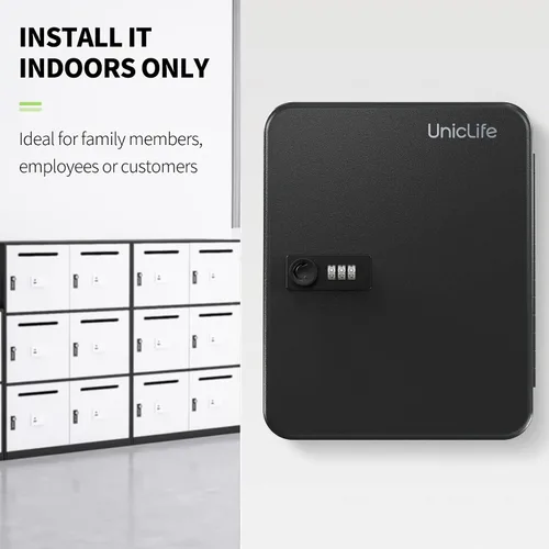 Vista 9 de Uniclife Gabinete de llaves de acero de 48 llaves con cerradura de combinación, organizador de llaves montado en la pared con código reiniciable
