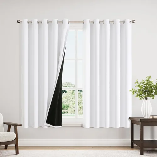 Vista 105 de ChrisDowa Cortinas 100% opacas de 63 pulgadas de largo para dormitorio con forro negro, 2 capas gruesas totalmente opacas con aislamiento térmico