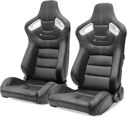 Vista 13 de IKON MOTORSPORTS, Par de asientos universales de carreras con deslizadores dobles, color negro con puntada naranja PU y cuero de carbono