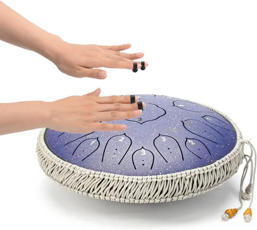 Vista 3 de Tambor de Lengua de Acero - ChunFeng 14 Pulgadas 15 Notas - Tambores de Acero para Adultos - Tambores Handpan con Libro de Música, Mazos de Tambor