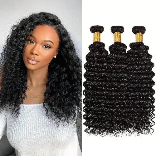 Vista 10 de Manojos de cabello humano ondulado profundo de 12, 14, 16 pulgadas, mechones de cabello humano rizado, tejido de cabello humano 100% sin procesar