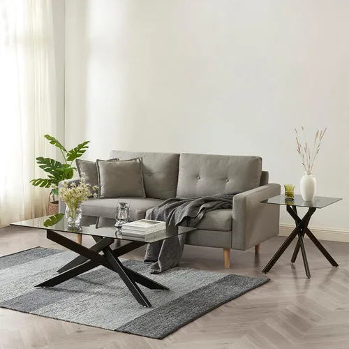 Vista 7 de Edwin's Choice - Mesa auxiliar cuadrada de cristal negro con tapa de cristal templado gris y patas tubulares de metal negro con borde dorado 50,8 cm