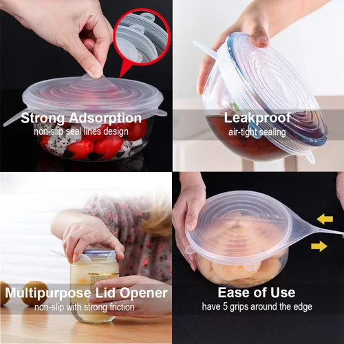 Vista 3 de Tapas elásticas de silicona, sin BPA, fundas elásticas de silicona para alimentos, tapa reutilizable y duradera para cuencos, latas y tazas, aptas
