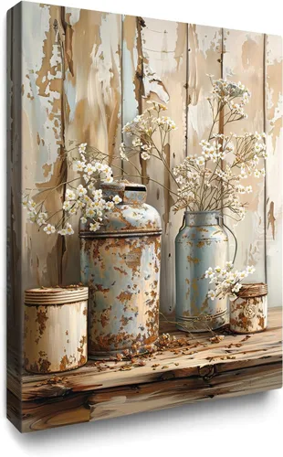 Vista 29 de gaosoul Arte de Pared de Lienzo de Granja Pintura de Campo Francés con Ramo de Lavanda Mariposas Fondo de Madera Envejecida Póster Floral Enmarcado