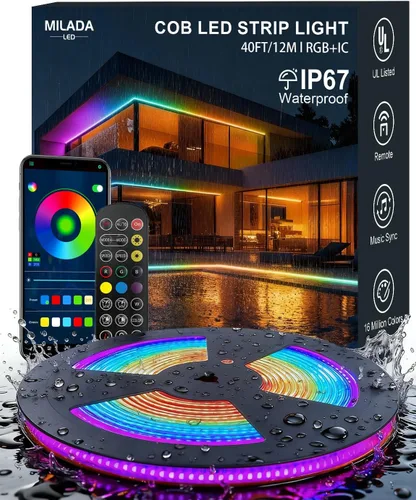 Vista 11 de Luces de tira LED COB, RGB Smart IC, IP67 Impermeable, Regulable 20FT/6M, Tira de luz con flujo de color con control de aplicación y sincronización