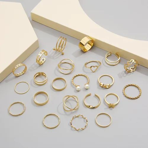 Vista 4 de Long tiantian Anillos dorados para nudillos para adolescentes y niñas, juego de anillos apilables estilo bohemio, huecos, tallados, apilables, midi