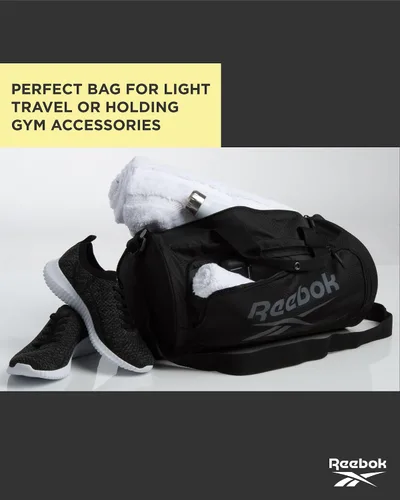 Vista 6 de Reebok Bolsa de lona Perth Sports Gym Bag Ligero de mano en fin de semana para viajes y playa, yoga, negro, gris (Black with Grey Logo)