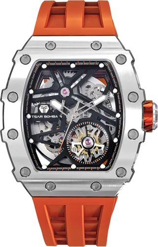 Vista 9 de TSAR BOMBA Reloj automático de lujo para hombre, forma tonneau, esqueleto, mecánico, 50 m, impermeable, analógico, relojes únicos, plateados