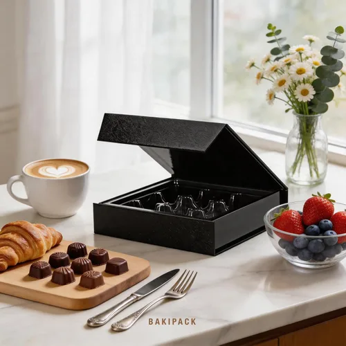 Vista 3 de 6 cajas de trufas negras, caja de chocolates, cajas de regalo magnéticas de trufa Cajas de trufas con bandeja de plástico de 9 piezas, cajas
